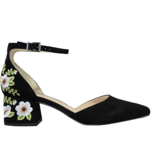 floral embroidered block heels